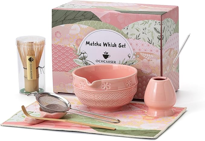 Matcha Tea Set, 8 Pcs Japanese Matcha Kit with Cherry Blossom and Wave Design Ceramic Bowl, Bamboo W