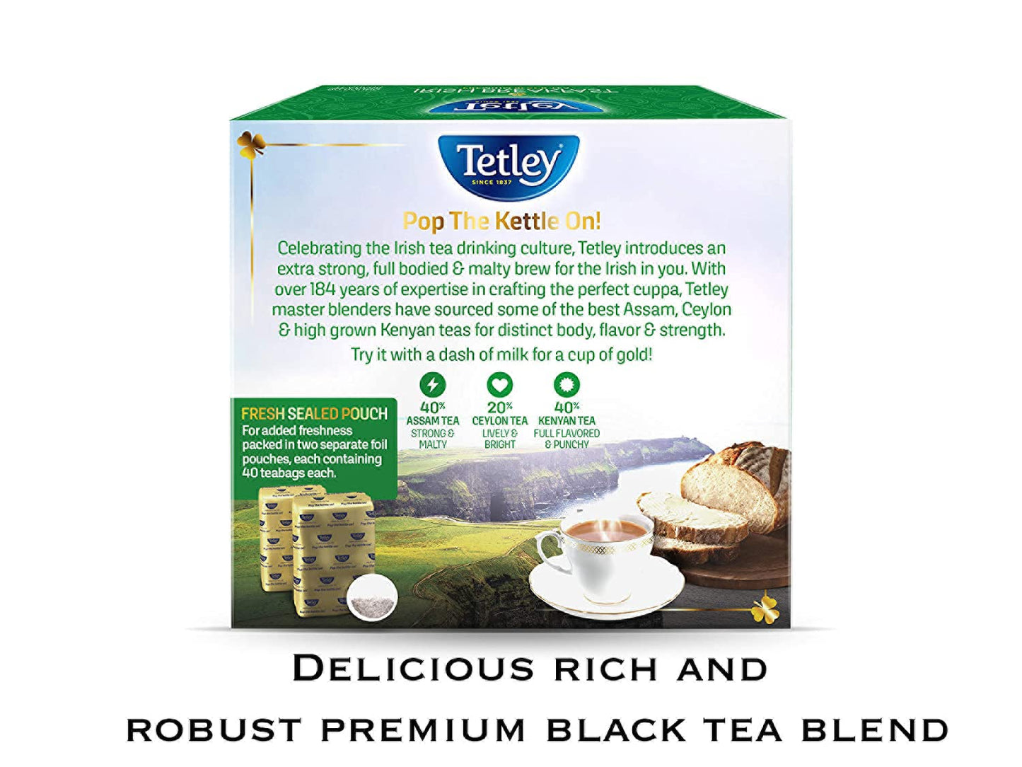 Tetley, Irish Breakfast Black Tea, 80 Count, Hot or Iced, Strong, Malty &amp; Full-Bodied