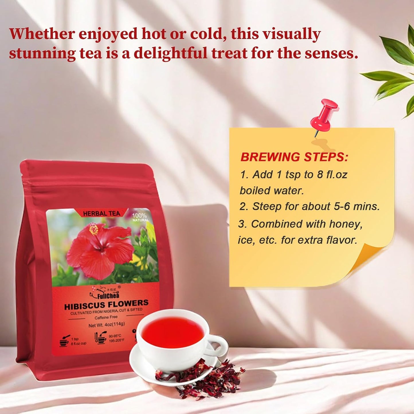 FullChea Hibiscus Loose Leaf Tea, 4oz Dried Hibiscus Flowers, Non-GMO | Flor de Jamaica, Caffeine-Free, Hot &amp; Ice Herbal Tea, Support Digestion &amp; Boost Immunity, No Additives, Resealable Pouch