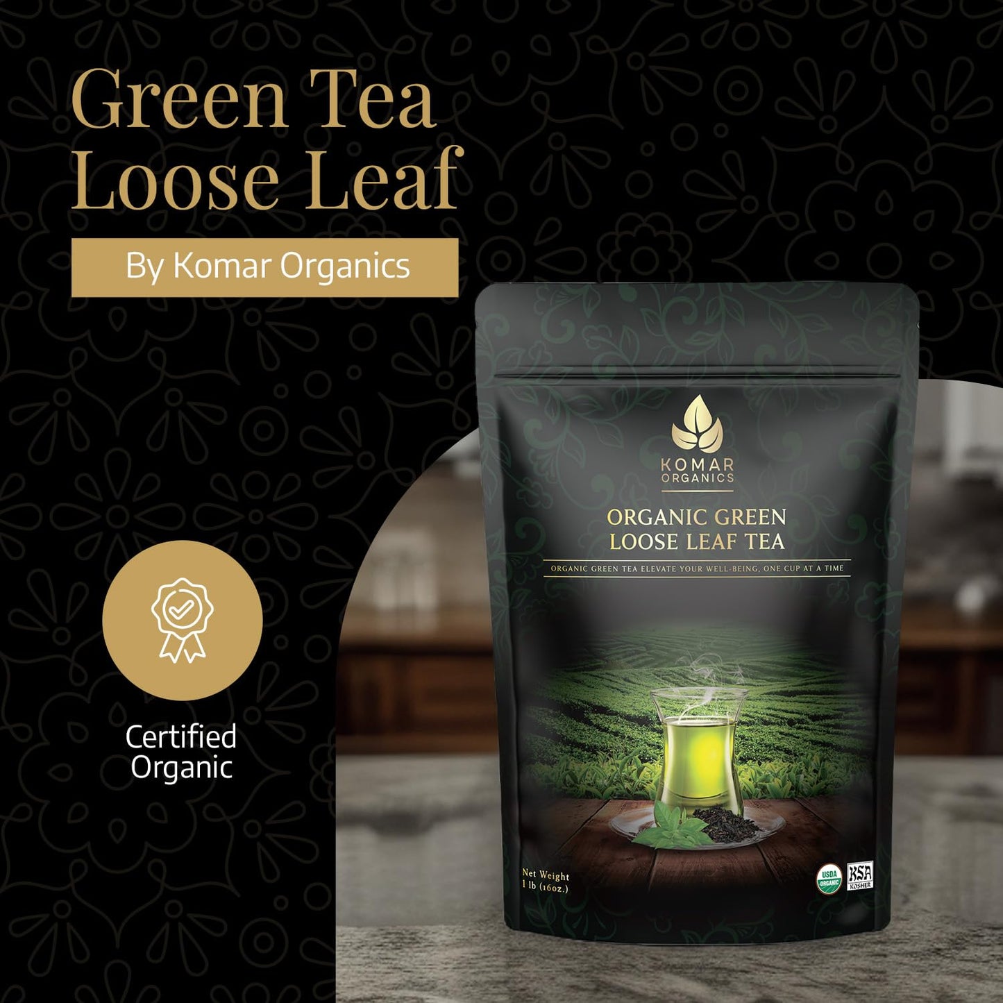 Komar Organics Loose Leaf Green Tea – 16Oz USDA Organic for Energy Boost, Antioxidants – Certified Kosher Delicate Flavor Assam Tea Organic Tea Leaves Ideal for Morning, Afternoon