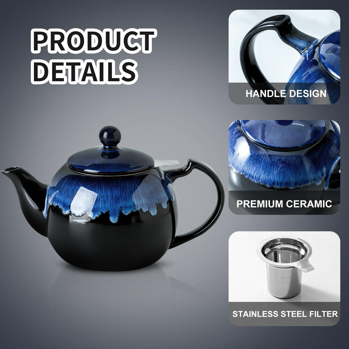 KOOV Tea Pot with Infuser for Loose Tea, 34OZ Ceramic Teapot with Infuser, Enough For 6 Cups, Tea Pots with Tea Strainers for