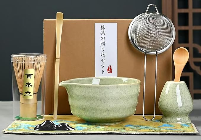 Matcha Whisk Set, 8pcs Japanese Ceremonial Matcha Kit include Mixing Bowl with Spout, Bamboo Whisk and Holder