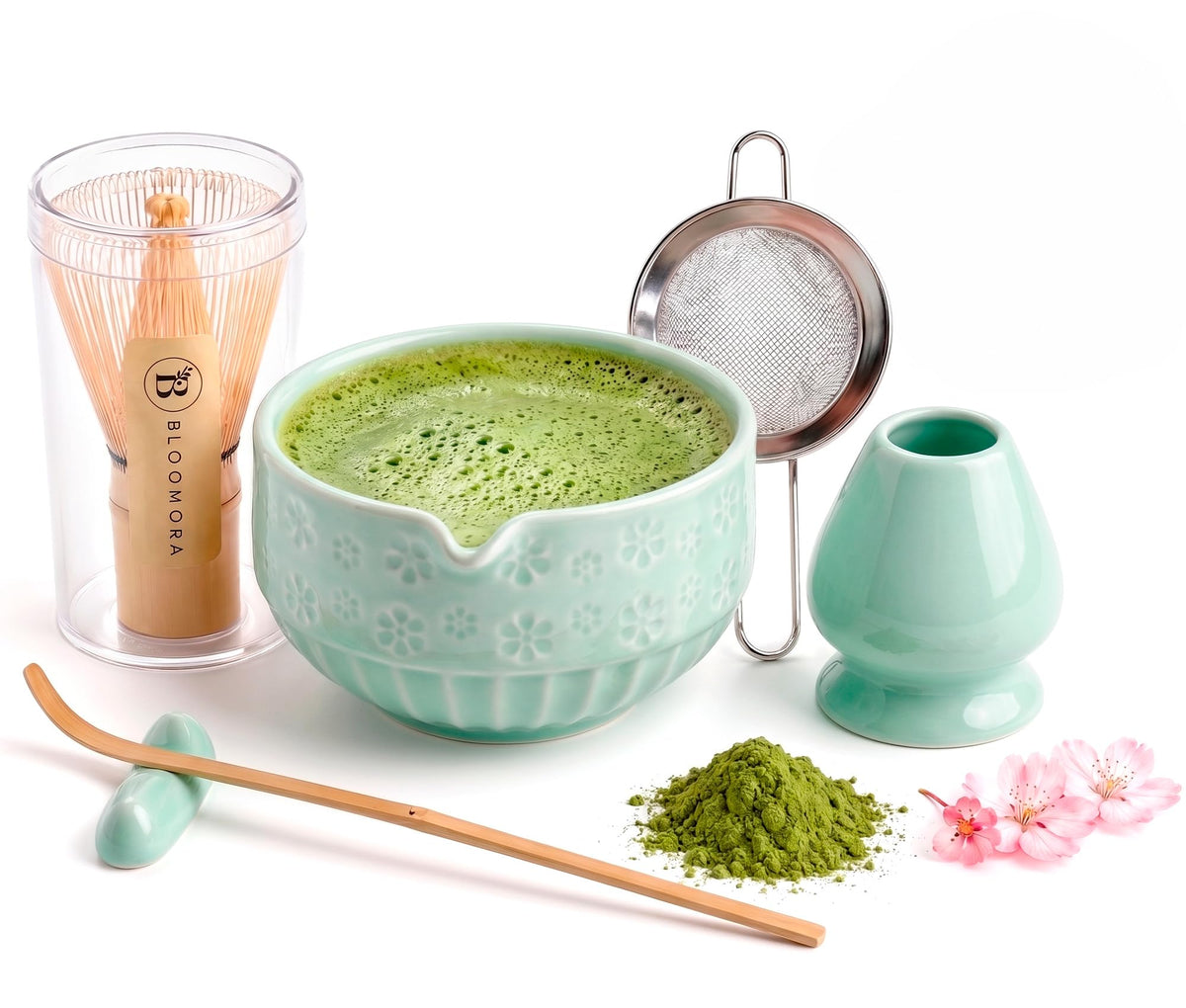 BLOOMORA Matcha Set, Ceramic Kit with Bowl, Bamboo Whisk and Scoop, Tea Ceremony