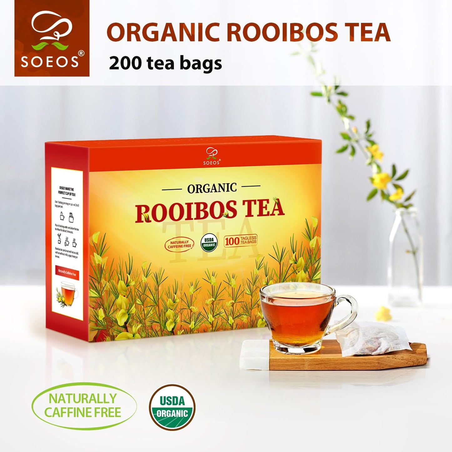Soeos Organic Rooibos Tea, 200 Teabags (2 Packs), Naturally Caffeine Free, USDA and Non GMO Certify, Smooth and Robust Flavor, Excellent for Hot or Iced Brew, 18oz (500g)