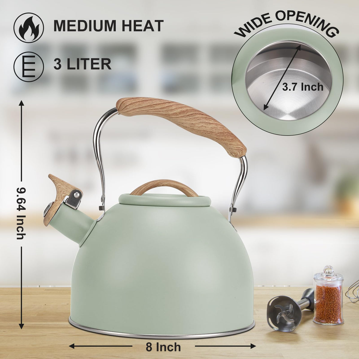 Tea Kettle, Vegoran 100 OZ / 3 Liter Whistling Tea Kettle, Tea Pots for Stove Top Food Grade Stainless Steel with Wood