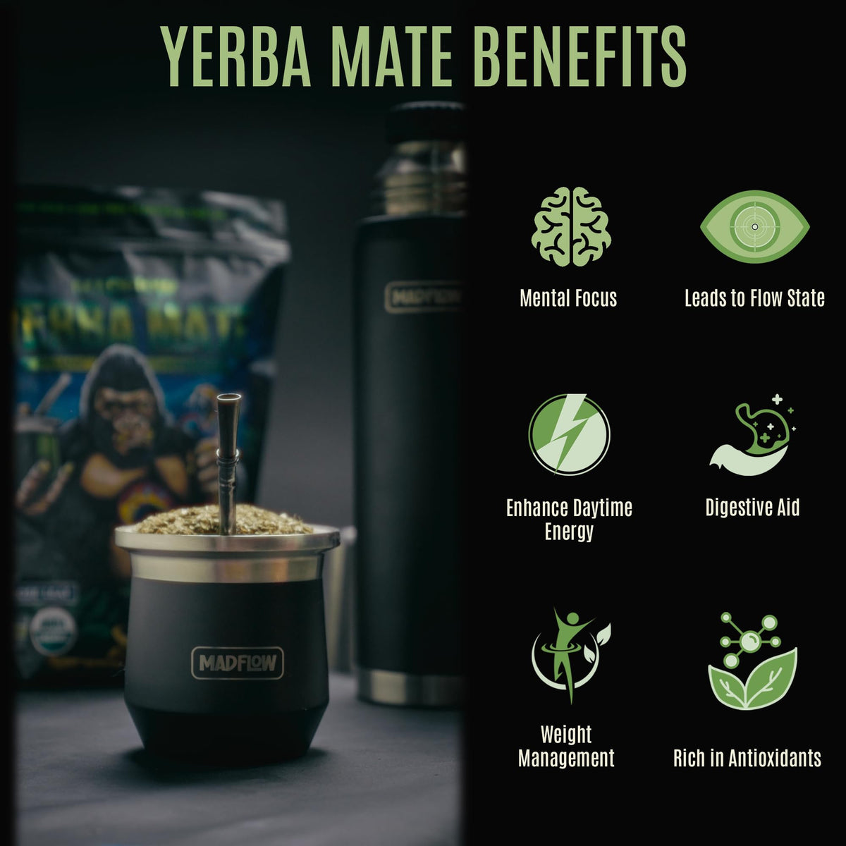 MADFLOW Unsmoked Organic Yerba Mate Loose Leaf 1.1 Lb. Mate Tea For Natural Energy, Focus and Flow. Resealable Packaging. For