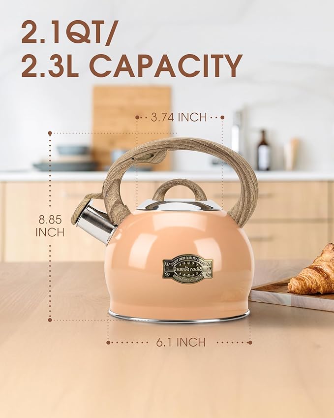 Tea Kettle Stovetop, 2.1 Quart Stove Top Whistling Tea Kettle, Teapot Kettles with Food Grade Stainless Steel and Wood Pattern Folding Handle