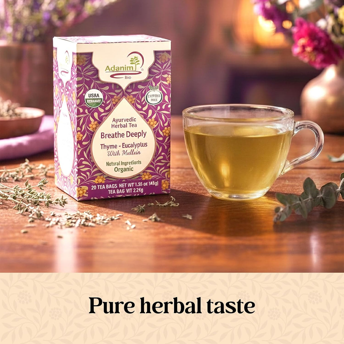 Adanim Bio Organic Herbal Tea Mullein Thyme & Eucalyptus Blend Caffeine Free 20 Individually Wrapped Bags