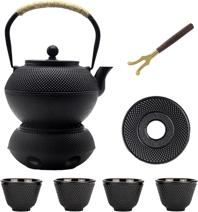 YJX 40.6oz Cast Iron Teapot Set with Warmer, Japanese Tea Set for Stovetop, 1200ml Black Tea Pot and Tea Cups Set