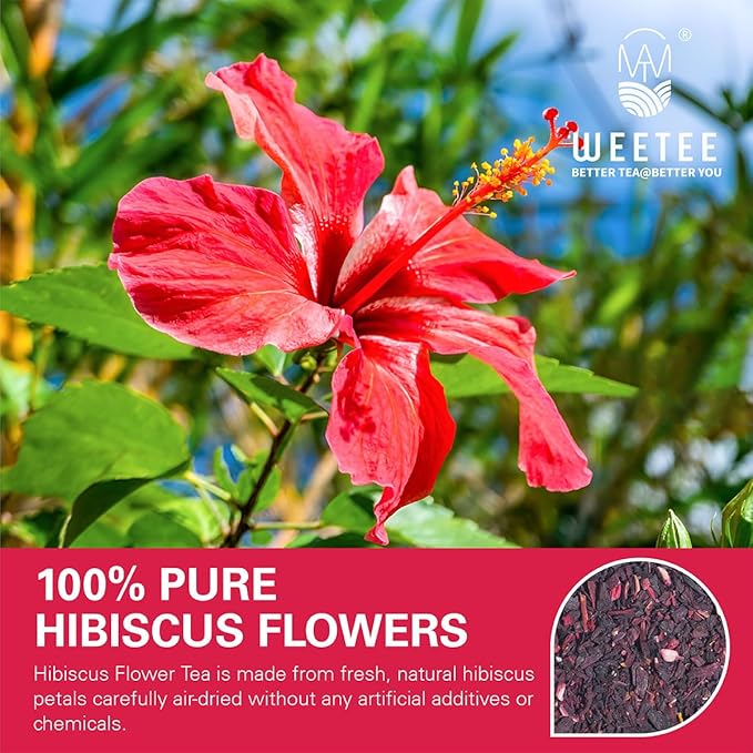 WT Weetee Hibiscus Tea Bags, Made with 100% Pure Hibiscus Flowers, Natural Caffeine-free Herbal Tea, Tangy & Refreshing, Brew Hot or Iced
