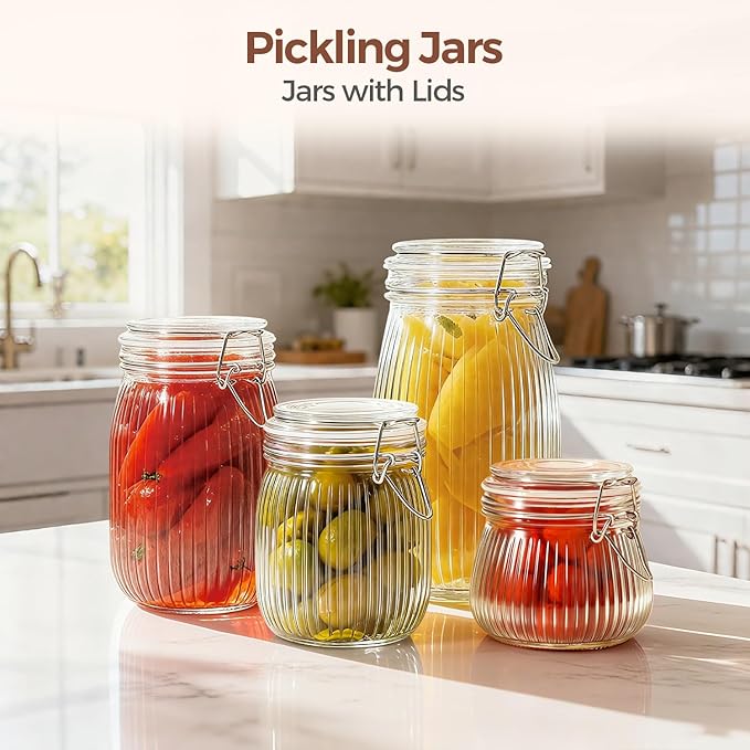ComSaf Airtight Glass jar with lid 34oz Set of 3, Glass Storage Containers with Lids, Glass Canisters, Striped Clip Fastening Jar for Kitchen Canning