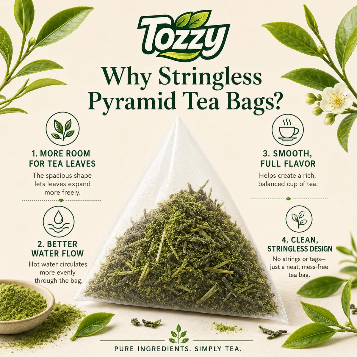 Tozzy Organic Green Tea – 100 Count, Plant-Based Pyramid Tea Bags