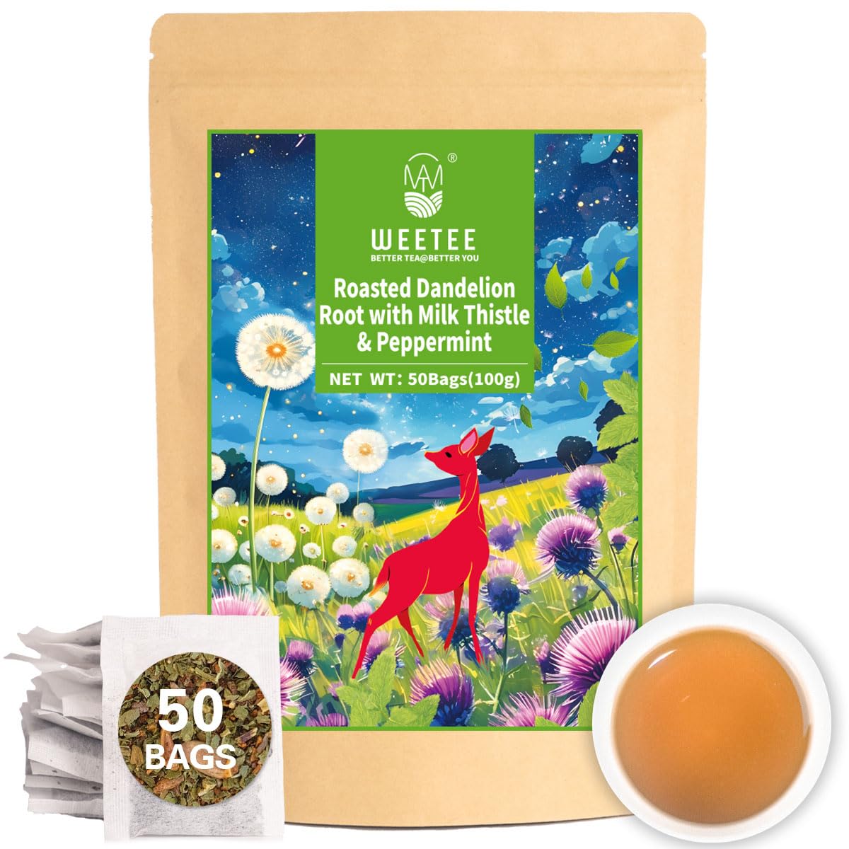 WT WEETEE Roasted Dandelion Root Tea with Milk Thistle and Peppermint 50ct | Natural Caffeine-free Dandelion Milk Thistle Herbal Tea Bags for Daily Cleanse, Toasted Nutty Flavor &amp; Coffee Alternative