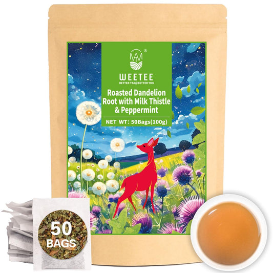 WT WEETEE Roasted Dandelion Root Tea with Milk Thistle and Peppermint 50ct | Natural Caffeine-free Dandelion Milk Thistle Herbal Tea Bags for Daily Cleanse, Toasted Nutty Flavor &amp; Coffee Alternative