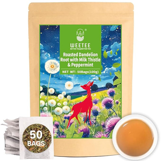 WT WEETEE Roasted Dandelion Root Tea with Milk Thistle and Peppermint, 50 Natural Caffeine-free Herbal Tea Bags