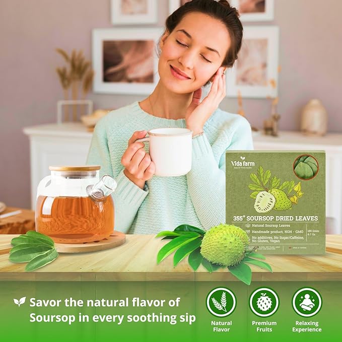 Vida Farm 355+ Dried Soursop Tea Leaves, Natural Whole Dried Soursop Leaves Graviola, Hojas de Guanabana Para Te Guanabana Leaf Herbal Tea