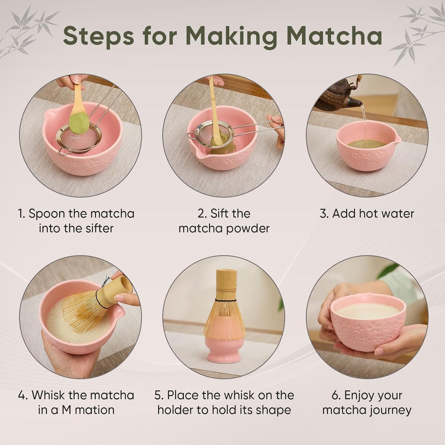 Matcha Whisk Set - Traditional Bamboo Chasen with Bowl, Complete Matcha Tea Making Kit &amp; Starter Tools for Authentic Japanese Ceremony (Pink01, 8pcs/set,Bowl entry-level Set)