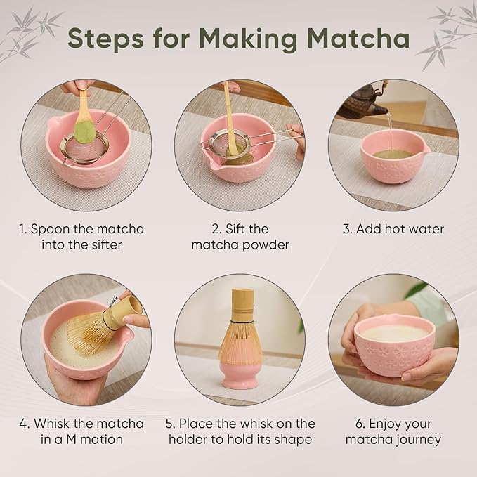 Matcha Whisk Set - Traditional Bamboo Chasen with Bowl, Complete Matcha Tea Making Kit & Starter Tools for Authentic Japanese Ceremony (Pink01, 8pcs/set,Bowl entry-level Set)