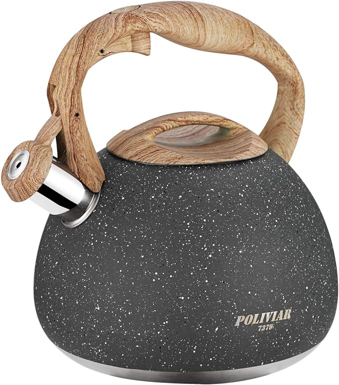 Poliviar Tea Kettle, 2.7 Quart Natural Stone Finish with Wood Pattern Handle Loud Whistle Food Grade Stainless Steel Teapot