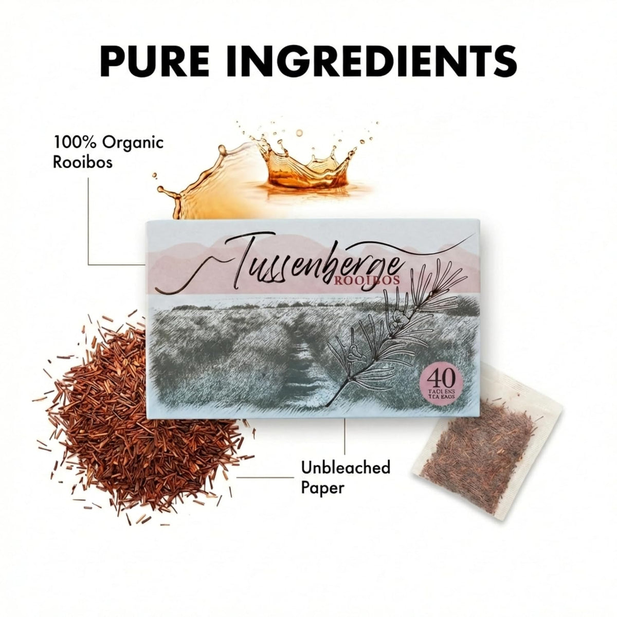 Tussenberge Organic Rooibos Tea Bags – Premium South African Red Bush Herbal Tea, Smooth &amp; Full-Bodied Flavor, Naturally Caffeine-Free, 40 Tagless Tea Bags
