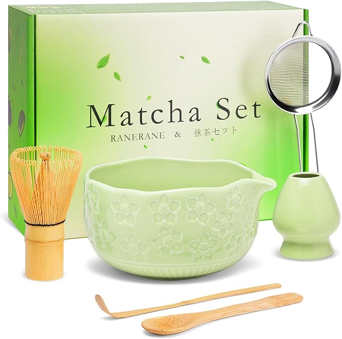 Matcha Whisk Set, Sakura Green Ceramic Matcha Set Includes Matcha Bowl, Matcha Whisk (Chasen) and Ho