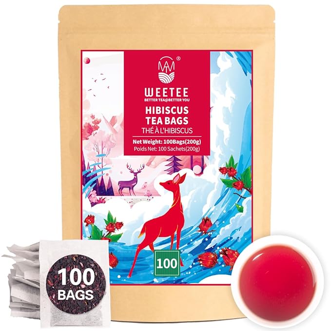 WT Weetee Hibiscus Tea Bags, Made with 100% Pure Hibiscus Flowers, Natural Caffeine-free Herbal Tea, Tangy & Refreshing, Brew Hot or Iced