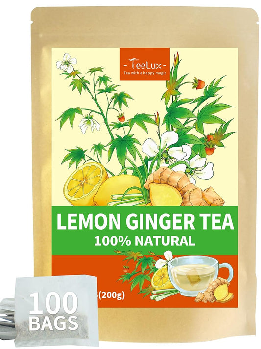 TeeLux Lemon Ginger Tea, Soothing &amp; Warming Flavor, Caffeine Free, 100 ct | Zesty Ginger Root Blend with Lemongrass, Lemon Peel &amp; Sweet Tea Leaves, Citrus Aroma, Sugar Free, Gluten Free, Hot or Iced