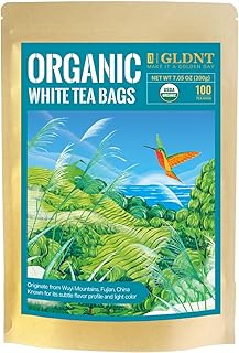 GLDNT Organic White Tea Bags, Natural Premium Organic White Tea, Mellow & Delicate Taste, Caffeinated, 100 Count