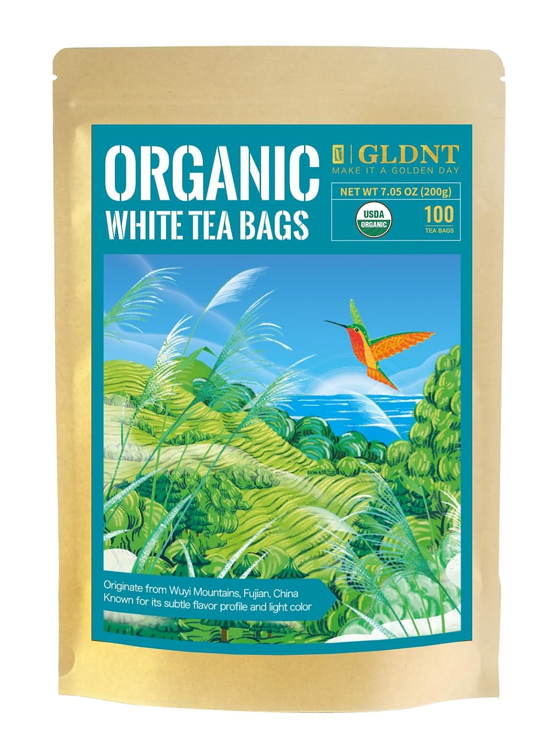 Gldnt Organic White Tea Bags, Natural Premium Organic White Tea, Mellow & Delicate Taste, Caffeinated, 100 Count