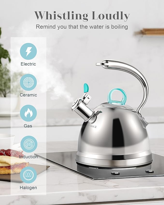 Harriet Tea Kettle Stovetop, 2.5 Quart Whistling Stainless Steel Tea Pot, 3-Layer Base, Unique Ergonomic Handle, Includes Pot Holder & Mat