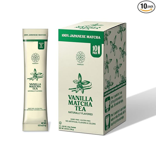 The Harmony Matcha Vanilla (10 Sticks) Premium Sweetened Japanese Matcha Powder, Rich in Antioxidants & L-Theanine, Dairy, Gluten, & Preservative Free, Serve Hot or Iced