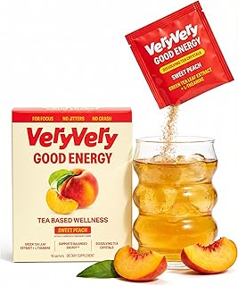 VeryVery Good Tea, Peach Energy With Green Tea Caffeine and L Theanine, Dissolving Crystals for Hot or Cold Drinks, Sugar Free Functional Powder Drink Mix, Vegan, Gluten Free, Non GMO, 16 count