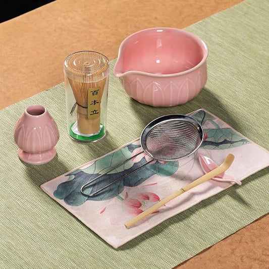 ZentButCool Matcha Set Includes Ceramic Matcha Bowl, Bamboo Whisk (Chasen), Scoop, Stainless Steel Matcha Sifter, And Whisk Holder (Red)