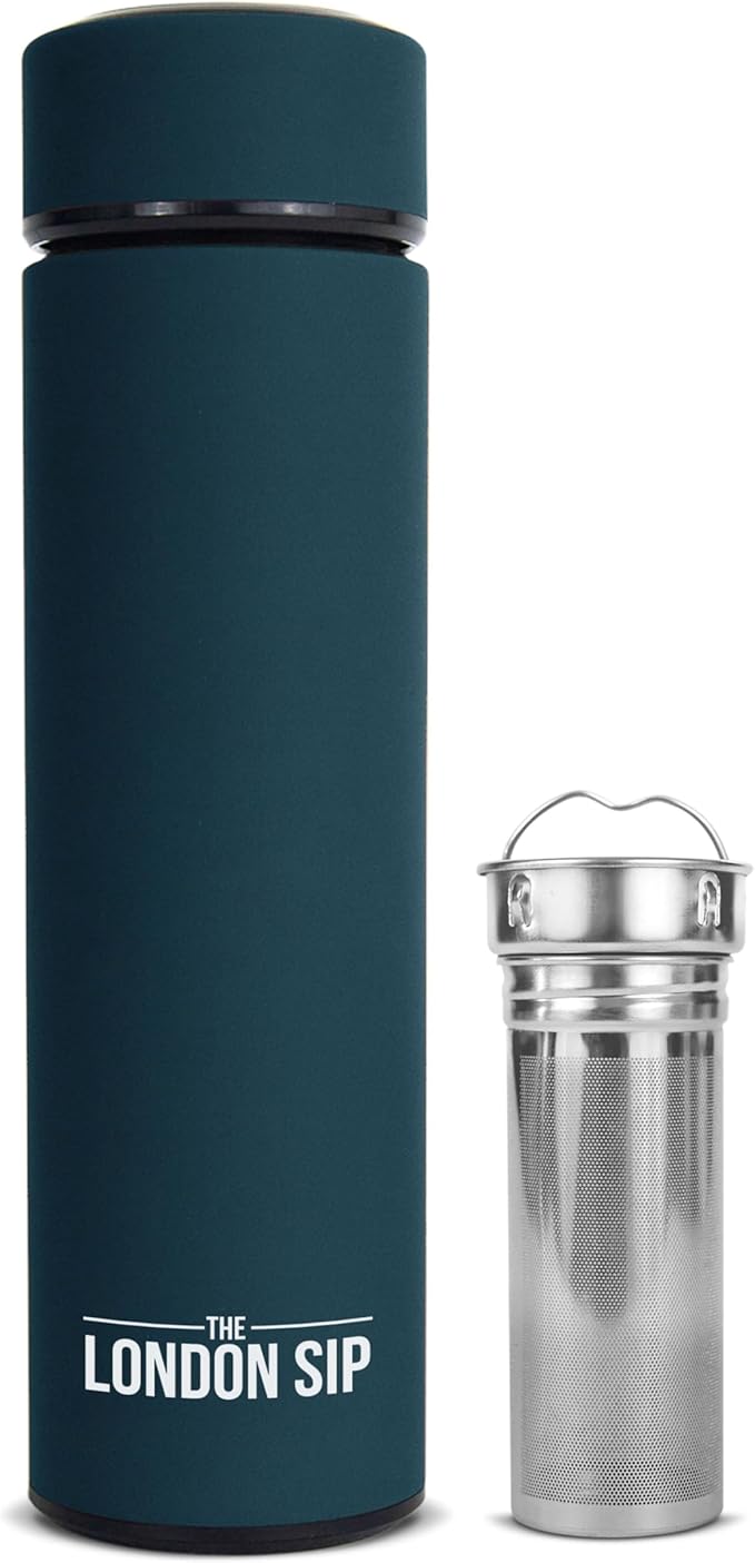 London Sip Multi-Purpose Tea Infuser Travel Mug and Tumbler Fruit Infuser Flask Hot and Cold Double Wall Stainless Steel Thermos with Extra-Long