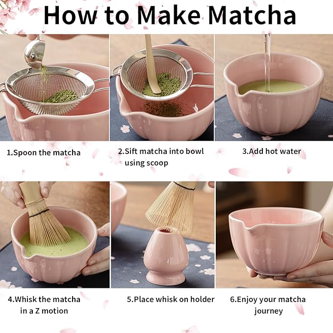 Matcha Whisk Set of 8 - Htrcxb Ceramic Matcha Set, Include Matcha Bowl, Matcha Whisk and Holder, Bamboo Scoop, Measuring Spoon, Scoop Rest