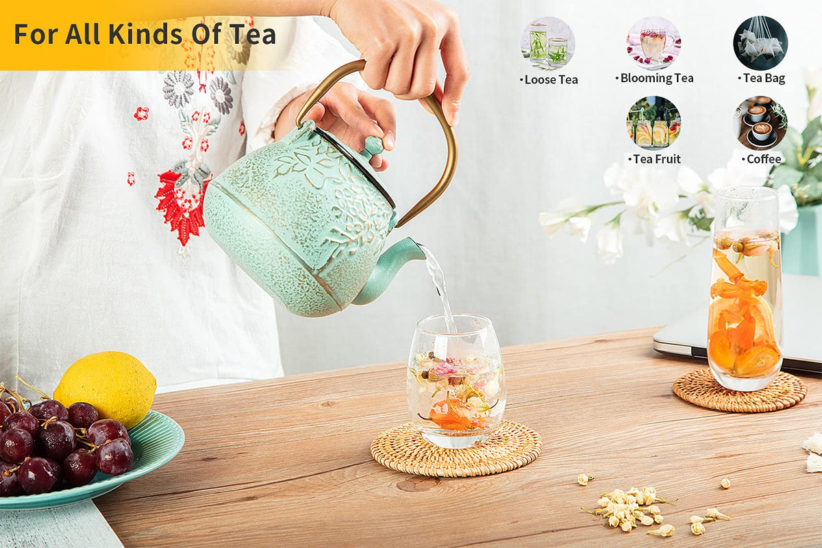 TOPTIER Japanese Teapot with Stainless Steel Infuser, Cast Iron Tea Kettle Stovetop Safe, Leaf Design Coated with Enameled