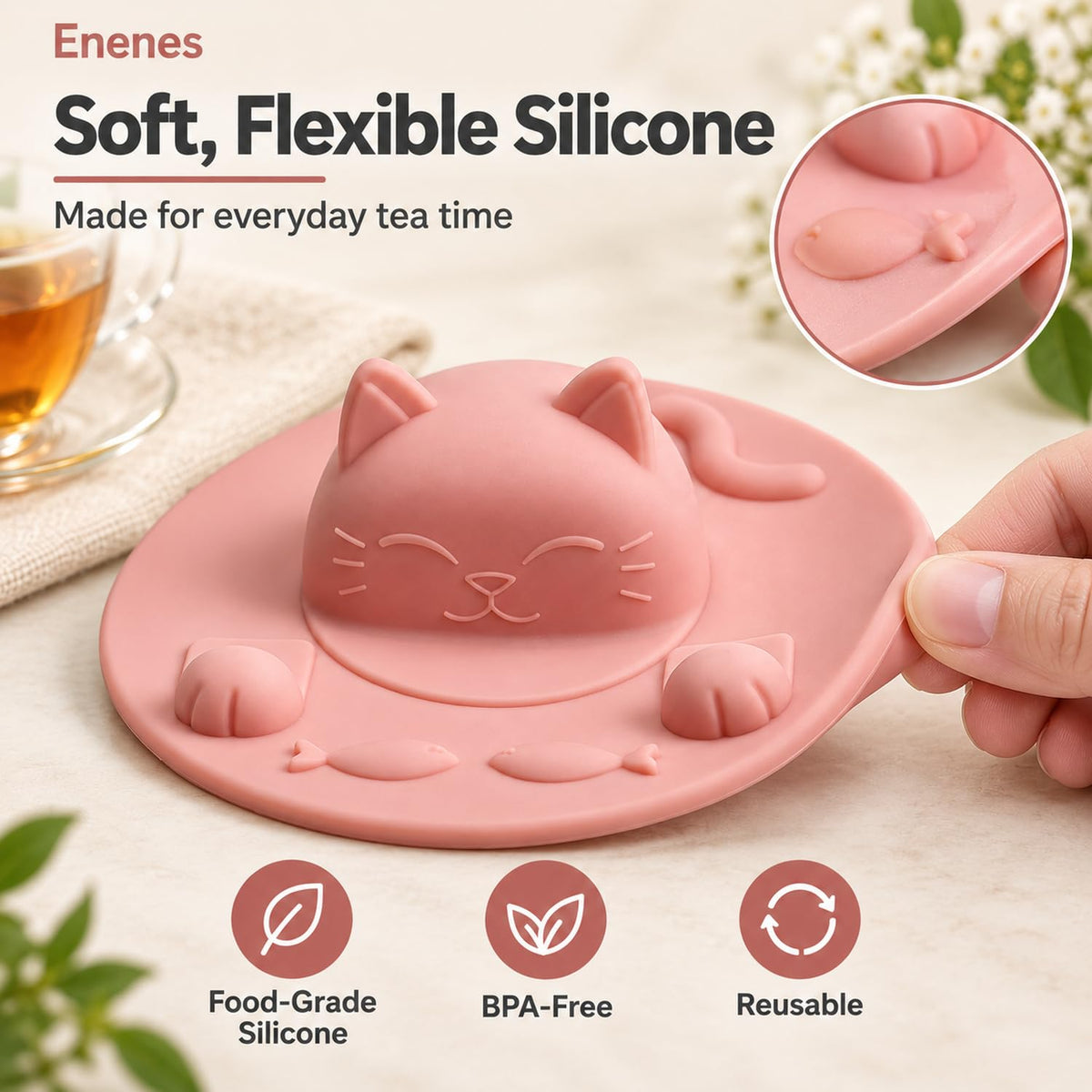 Enenes Tea Bag Holder and Squeezer 4 Pack, 4 Inch Cat Silicone Cup Cover