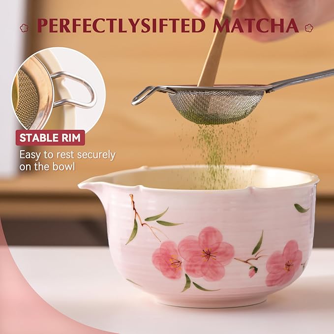Matcha Whisk Set, 7Pcs Matcha Set with Hand-Painted Ceramic Matcha Bowl, Matcha Whisk and Holder, Scoop and Rest, Sifter, Tea Towel, Artisan Matcha Kit for Ceremony & Gifting (Pink)