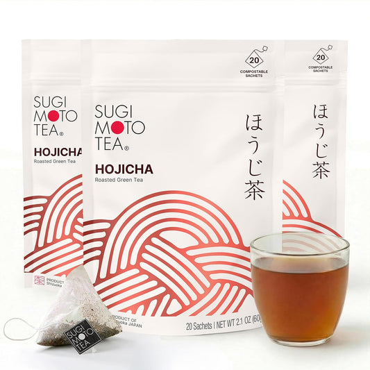 SUGIMOTO TEA Japanese Hojicha Roasted Green 20 Tea Bags (3 Pack) | 100% Made in Japan, Shizuoka, Roasted Green Tea Stems, 20 Tea Bags, Pack of 3