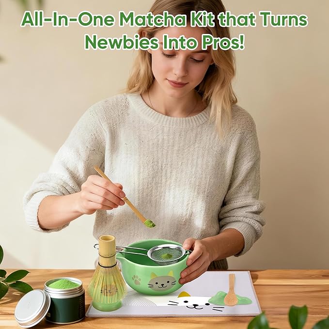 Matcha Whisk Set, 8Pcs Matcha Set for Ceremony, Matcha Whisk and Ceramic Bowl with Matcha Scoop & Sifter and All Accessories for Breakfast