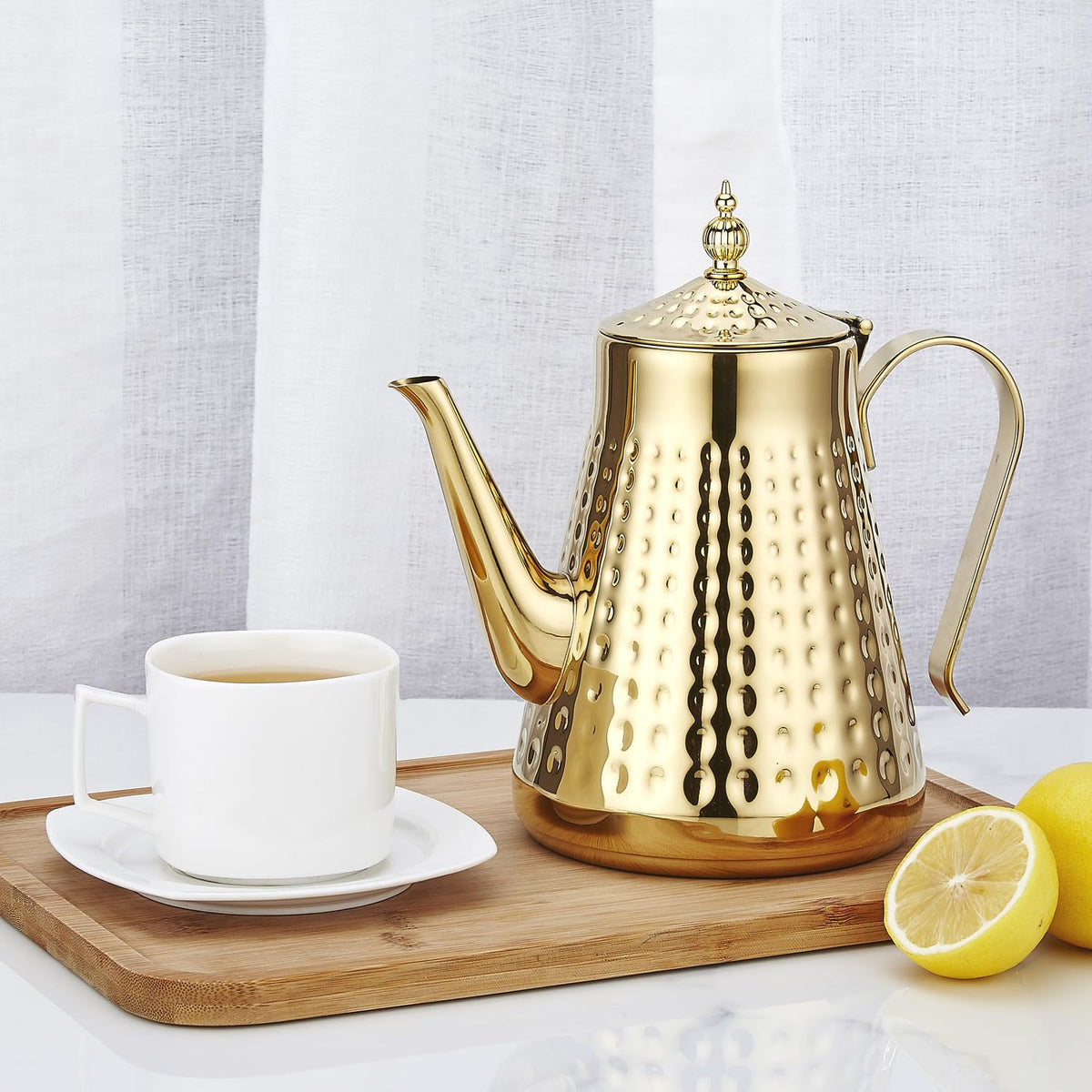 SANQIAHOME 1.8L(60oz) Stainless Steel Hammer Patterned Teapot With Removeable Infuser,Loose leaf cover,Gold