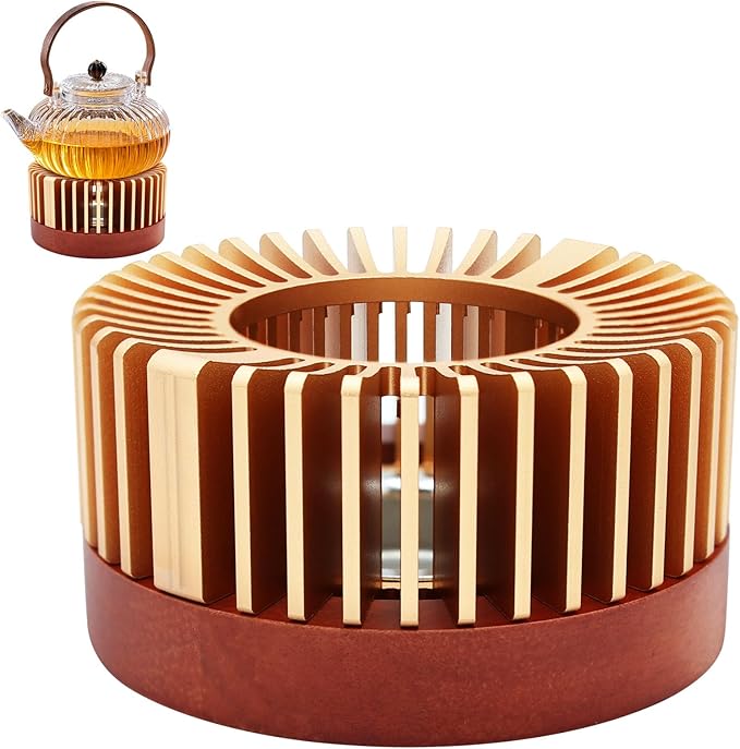 Inmorven Teapot Warmer, Aluminum Tea Warmer with Wooden Base, Candle Heater for Heating Tea, Coffee, Milk, Food,Camping and Traveling