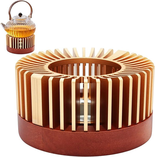 Inmorven Teapot Warmer, Aluminum Tea Warmer with Wooden Base, Candle Heater for Heating Tea, Coffee, Milk, Food,Camping and Traveling, Suitable for All Teapots