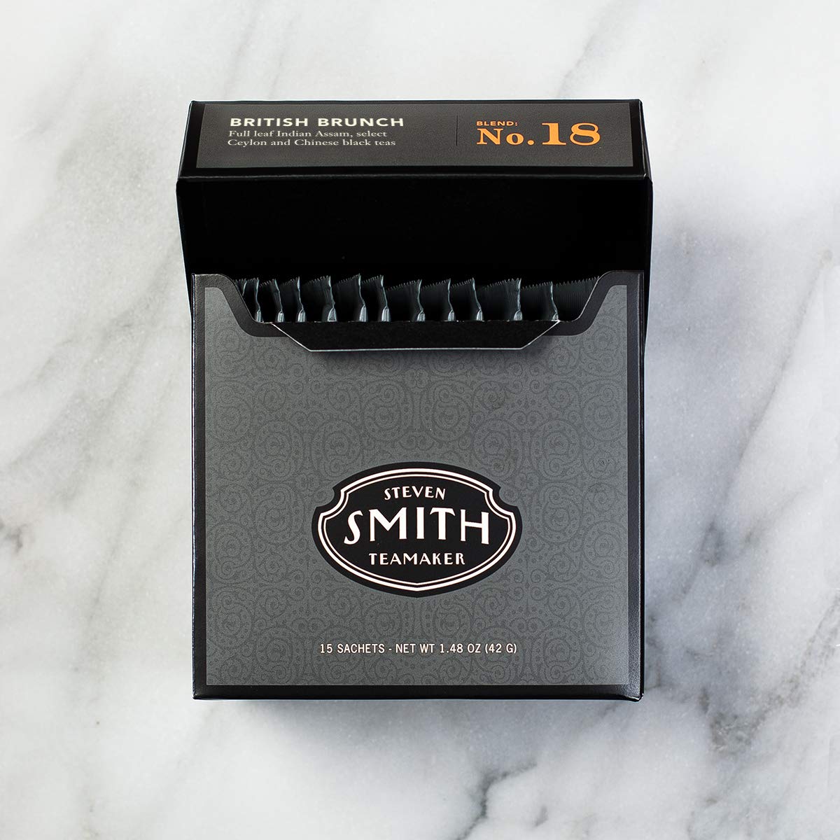 Smith Teamaker | British Brunch No. 18 - Assam, Ceylon & China Black Tea | Sugar-Free, Non-GMO, Plant Based Caffeinated Full Leaf English Breakfast Black Tea (90 Sachets, 6 Packs of 15)
