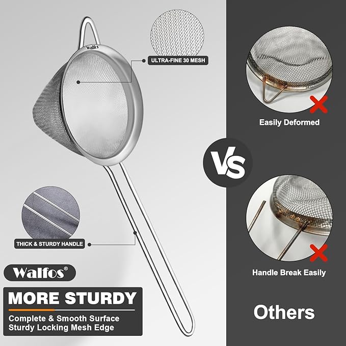 Walfos Small Fine Mesh Strainer for Cocktail & Tea, Mini Stainless Steel Sieve with Handle, 3.15 Inch Metal Strainers for Juicing, Coffee, Drinks