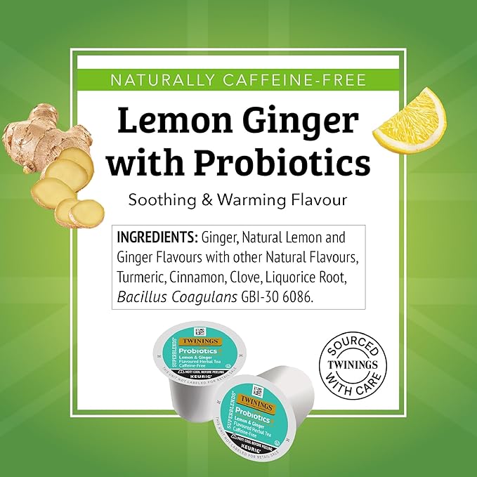 Twinings Probiotics+ Lemon & Ginger Herbal Tea K-Cup Pods for Keurig, 24 Count (Pack of 1), Supports Digestive Health, Naturally Caffeine-Free, Enjoy Hot or Iced
