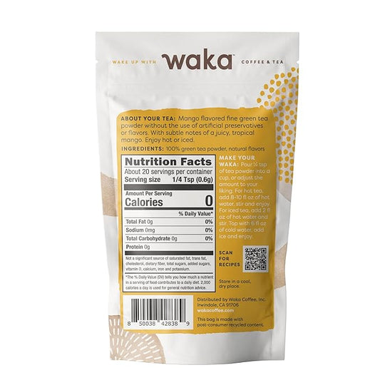 Waka Instant Green Tea Mix, Mango Flavored - 100% Tea Leaves, No Additives, Unsweetened Sample/Travel Size Tea Powder - Easy Quick Hot and Iced Teas, Up to 20 Cups or 5 Quarts (.45oz)