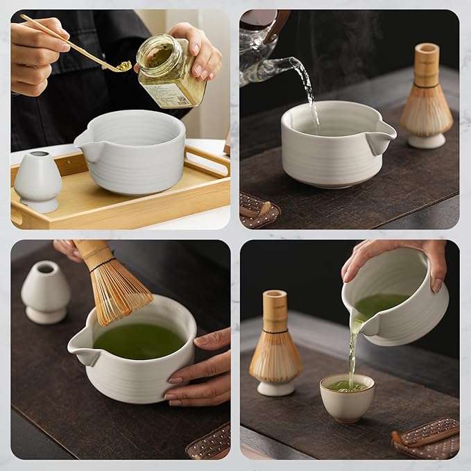 Handmade Ceramic Matcha Bowl Set with Spout & Whisk Holder - Traditional Chasen Tea Whisk Ritual Kit, Gift-Ready Chawan for Matcha Lovers