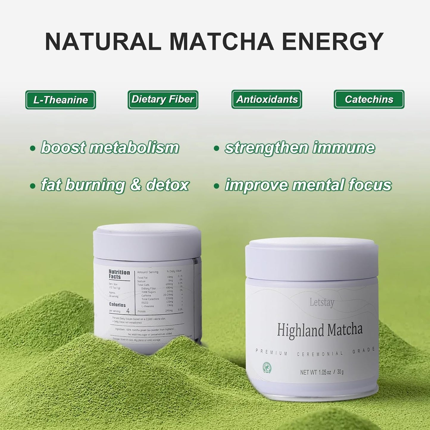 Letstay Matcha, Matcha Powder Ceremonial Grade Highland Matcha Tea Organic Matcha Green Tea - Premium 1st Harvest - Zero Sugar, Halal Certified & SGS Certified & FSSC 22000, 30g (1.06oz) Tin