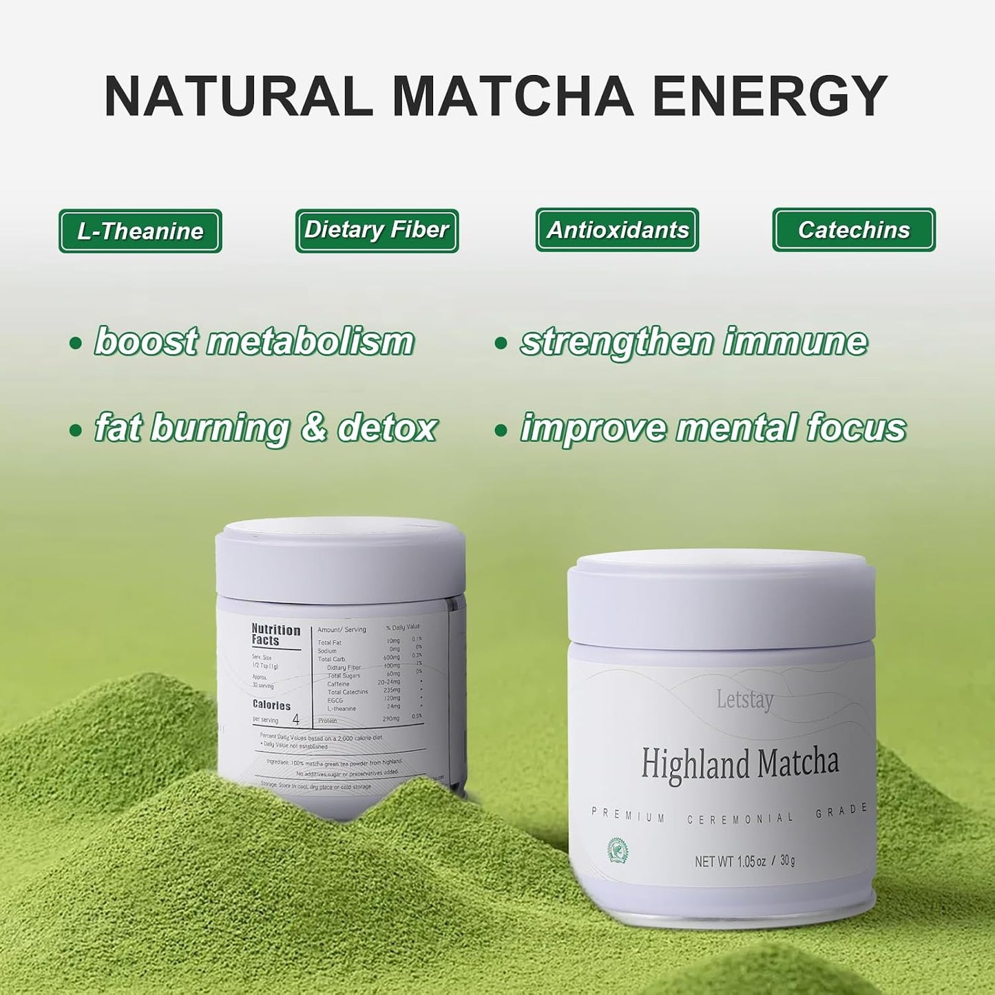 Letstay Ceremonial Grade Matcha Powder – Organic High-Altitude Green Tea, 100% Pure, No Additives, No Sugar, No Radiation – Perfect for Tea, Lattes, and Cakes – 1.06oz Tin